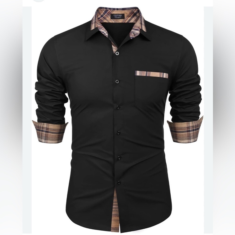 Men's Black Button-Up Shirt with Plaid Trim